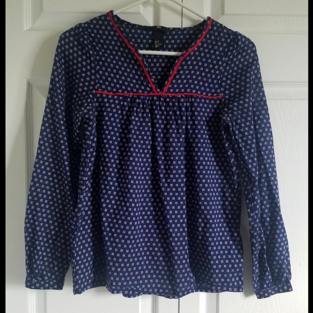 H&M Blue Yoke Geometric Print Blouse 2 XS